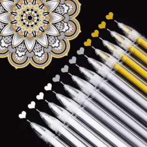 METALLIC GEL PEN SET – 12 FINE TIP PENS (WHITE, GOLD, SILVER)